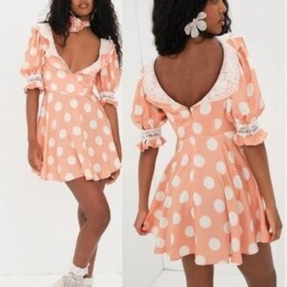 For Love & Lemons‎ Mini Dress Women L Peach Polka Dot CD2932-SP23 Lace Trim New